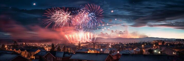 A spectacular fireworks display lights up the night sky over a residential neighborhood, creating a breathtaking scene of colorful bursts and glowing embers against a dark sky