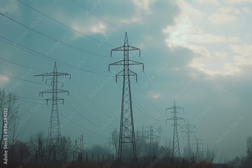 Aufkleber power transmission lines in an open field with rolling hills and blue sky