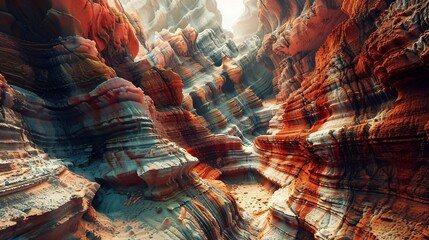 An intricate network of canyons and gorges carved by millennia of erosion, revealing layers of colorful rock formations and hidden waterfalls.