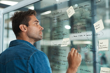 Creative, man and writing on glass for planning, customer expansion strategy and consumer insight for growth. Employee, market researcher and brainstorming on board in office for calendar schedule.