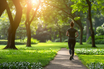 Obraz premium Woman running in the park, sunny day, healthy lifestyle