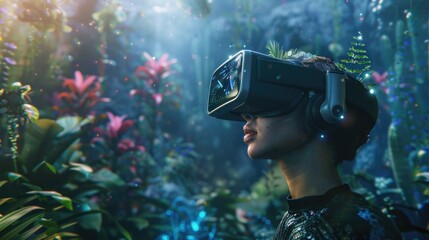 A virtual reality headset user exploring a digitally rendered world filled with interactive elements and immersive experiences.