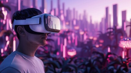 A virtual reality headset user exploring a digitally rendered world filled with interactive elements and immersive experiences.
