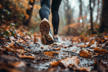 Close-up of runner legs wearing sports shoes and jogging in the path of forest, autumn cold weather, healthy activity