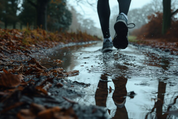 Close-up of runner legs wearing sports shoes and jogging in the path of forest, autumn cold weather, healthy activity