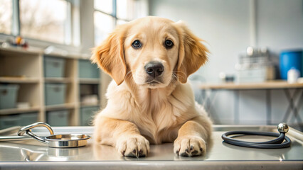 Adorable golden retriever puppy lies on examination table in veterinary clinic, surrounded by medical equipment, with leash and collar nearby, awaiting checkup.