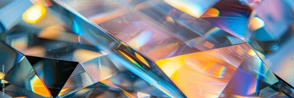 Poster an angled perspective showcases the depth and shimmering iridescent textures of various geometric sh