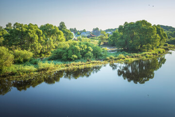 Obraz premium A calm lake with trees and houses in the background