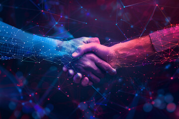 Elegant visual of a handshake integrated with digital network graphics. Close-up of a leader's hand shaking a holographic hand, representing the merging of human leadership with AI technology business