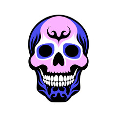 Multicoloured cheerful smiling skull on white background.