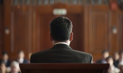 Silhouette of a person speaking at a podium, orange backdrop. Free copy space for text.