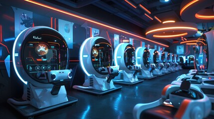 A VR arcade with rows of immersive gaming pods, each equipped with motion controllers and haptic feedback systems.