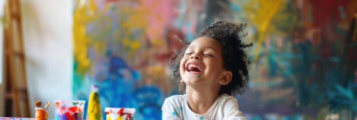 A young child laughs with glee as they engage in an art therapy session, surrounded by colorful paints and artistic materials