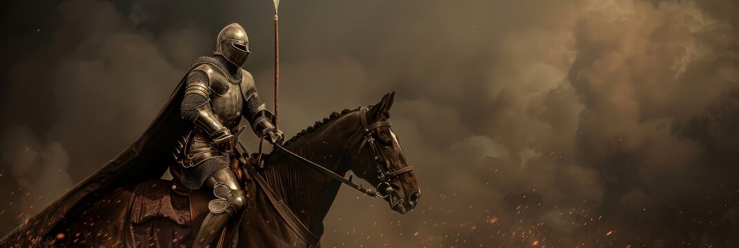 A medieval reenactor, fully armored and mounted on a horse, charges forward with a lance held high, surrounded by swirling dust and smoke, suggesting a battle reenactment