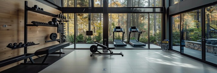 A modern home gym features state-of-the-art equipment, including treadmills, weight benches, and a weight rack. Large windows offer a scenic view of the surrounding forest
