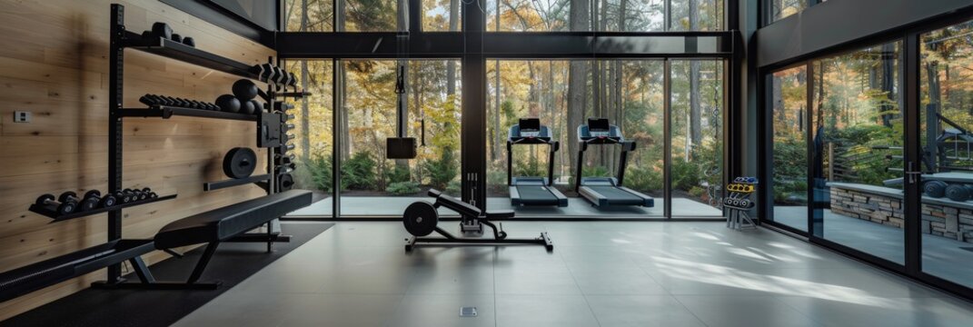A modern home gym features state-of-the-art equipment, including treadmills, weight benches, and a weight rack. Large windows offer a scenic view of the surrounding forest