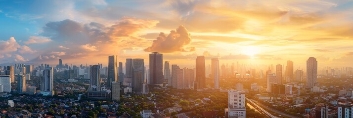 A panoramic view of a city skyline at sunset, showcasing the contrast between the heat radiating from the urban landscape and the cooler green spaces