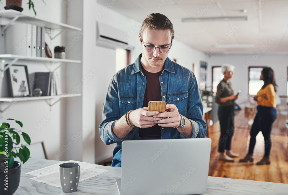 Poster business, man and phone with typing in office for text message, checking notification and coffee bre