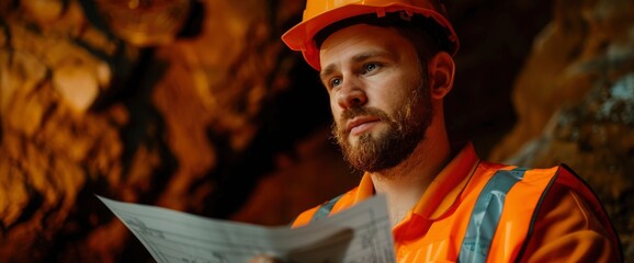 Fototapeta premium A Worker Reading Blueprints In A Quarry, Symbolizing Planning And Precision