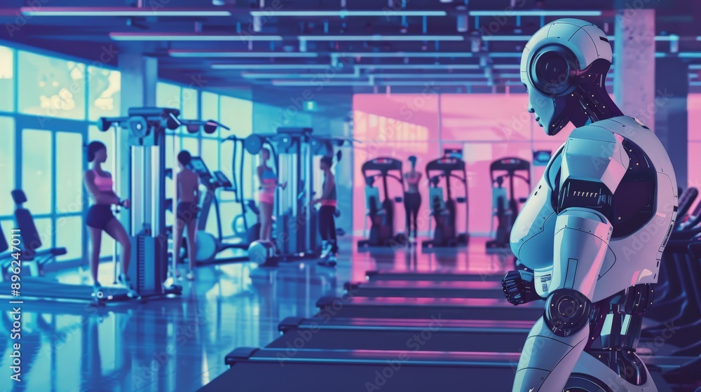 Poster Robot observing people working out in a gym. AI and robotics in fitness and health monitoring.