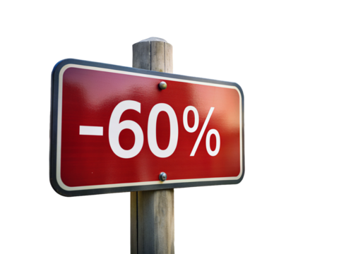 A red sign with white text showing a 60% discount.