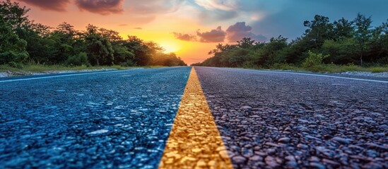 View of a country road with new asphalt at sunset