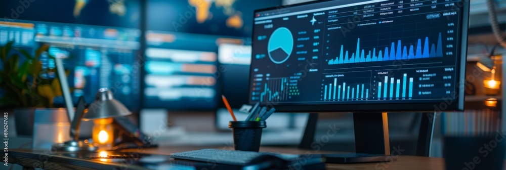 Poster a modern office desk with a computer screen displaying a digital analytics dashboard with charts and