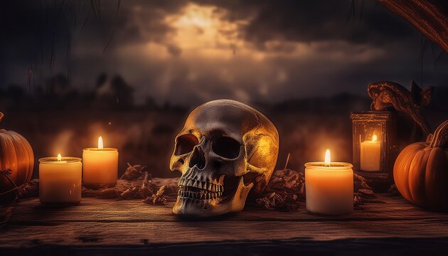 Spooky Halloween setting with a skull, candles, and pumpkins on a wooden table under a dark, cloudy sky, creating an eerie atmosphere.