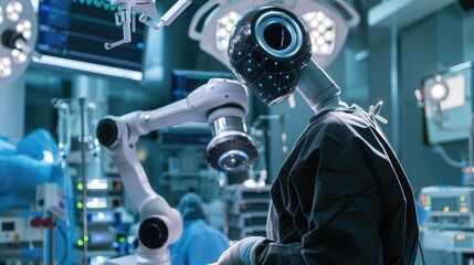 Fototapeta premium An AI-powered medical robot assisting surgeons in a state-of-the-art operating room, revolutionizing healthcare with precision and efficiency.