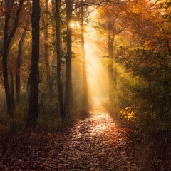 Obraz premium Sunlight filters through autumn trees, casting a warm glow on a forest path covered in fallen leaves.