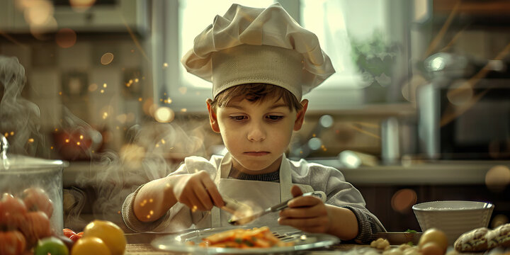 Alpha Chef: A young boy wearing a chef's hat, carefully measuring ingredients for a cooking project