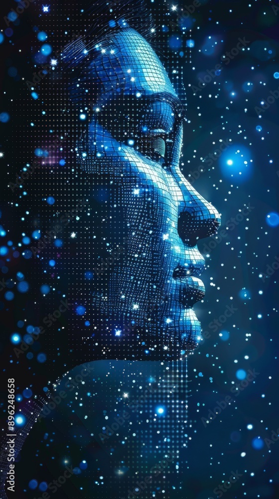Aufkleber intricate digital face of a robot formed by blue glowing dots and lines in a dark background. symbol