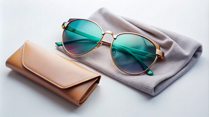 Elegant sunglasses with sleek frames and vibrant lenses resting on a soft, folded scarf with a matching colored clutch on a minimalist background. - Powered by Adobe