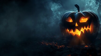 Eerie glowing jack-o'-lantern in a dark, foggy night, perfect for a spooky Halloween atmosphere and haunted scene.