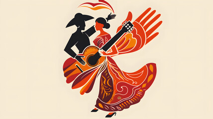 &nbsp;flamenco festival with a woman and man dressed in flamenco with guitar in a shape of hand of culture