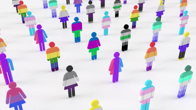 lgbtq community rainbow flags minorities 3d animation. Can be used to represent pride month, diversity and inclusion. Shows asexual, bisexual,  transgender,  lesbian, gay and pansexual flags