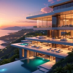 Fototapeta premium A luxurious, modern mansion with infinity pool and breathtaking views.