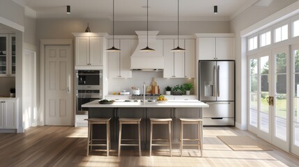 Fototapeta premium A bright, airy kitchen with an island and modern appliances
