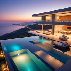 Fototapeta premium A luxurious, modern mansion with infinity pool and breathtaking views.
