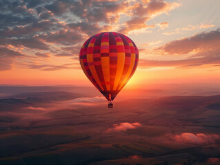 Obraz premium Hot Air Balloon Flight Over Rural Landscape at Sunset