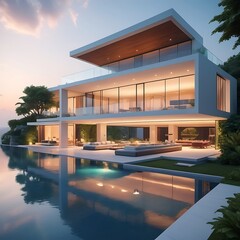 Fototapeta premium A luxurious, modern mansion with infinity pool and breathtaking views.