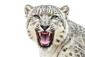 Closeup of a Snow Leopard's Face with Open Mouth and Sharp Teeth