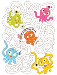Children logic game to pass the maze. Color the octopuses tentacles and find out who gave the flower. Educational game for kids. Choose right path. Funny cartoon character. Worksheet page