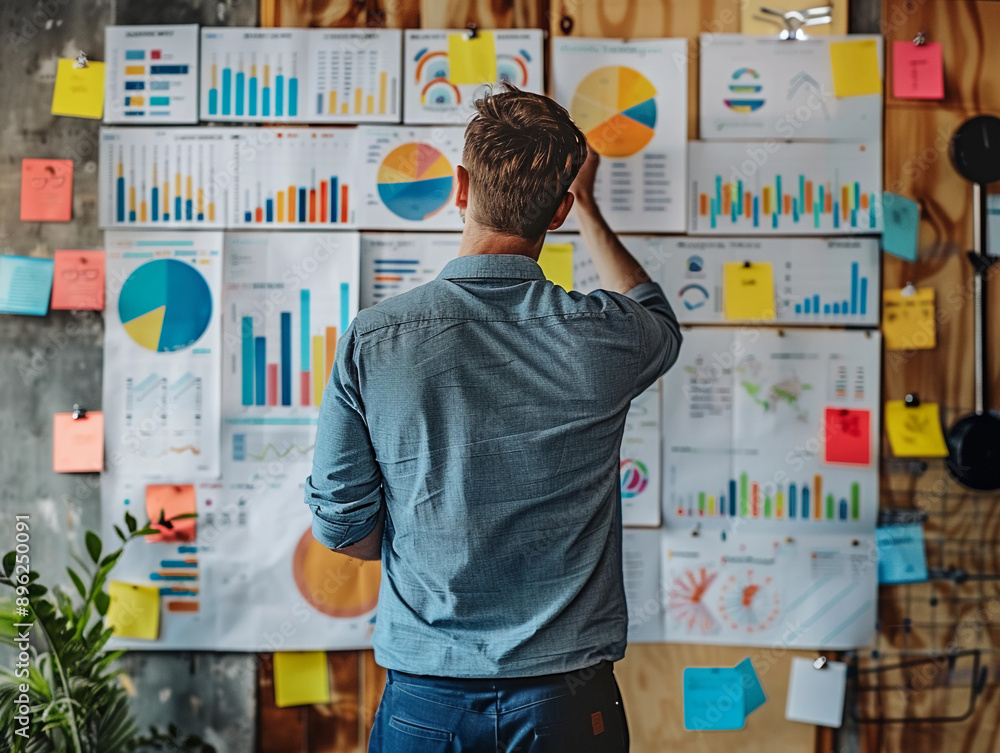Poster man analyzing data charts on a wall in an office