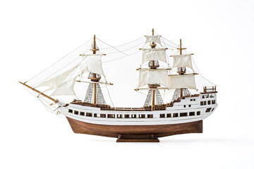 Naklejka premium Wooden Ship Model Isolated on White Background