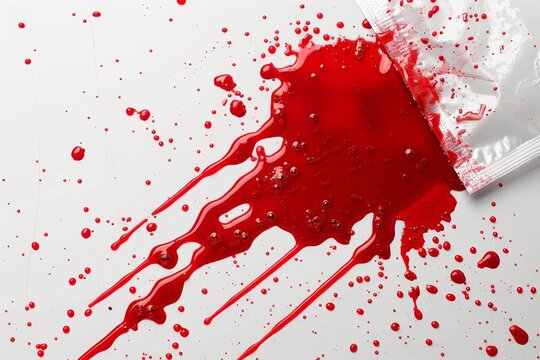 Spilled red liquid resembling blood, creating a dramatic and intense scene with splatters and drips, evoking imagery of accidents, emergencies, or horror, with vivid and striking colors