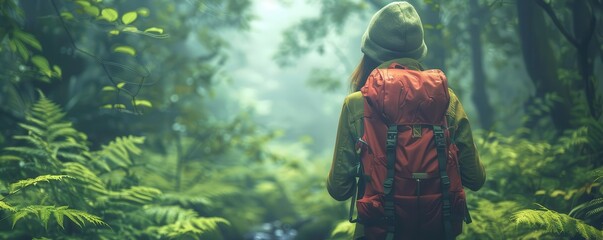 Fototapeta premium A lone hiker with a backpack explores a lush, green forest.