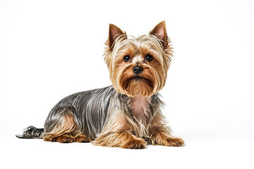 Cute Yorkshire Terrier Puppy Lying Down on White Background