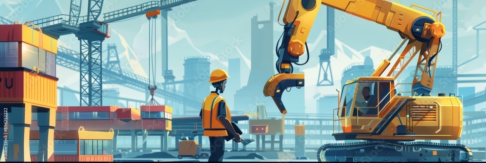 Poster construction site with engineer supervising robotic arm in heavy machinery operation. advanced robot