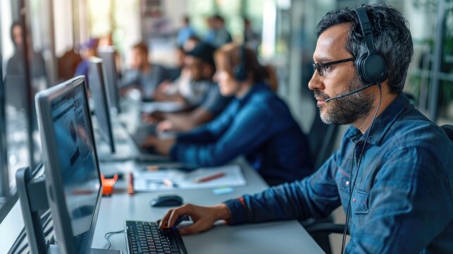 An IT helpdesk providing technical support to users, with technicians troubleshooting issues remotely and onsite.